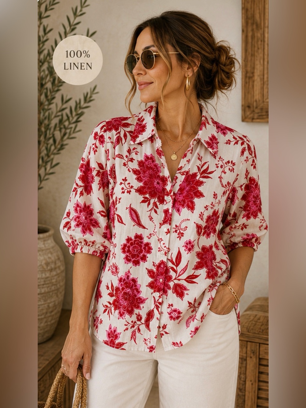 Floral Linen Blendβ Blouse Medium Pink Red Puff Sleeve Cottagecore Top